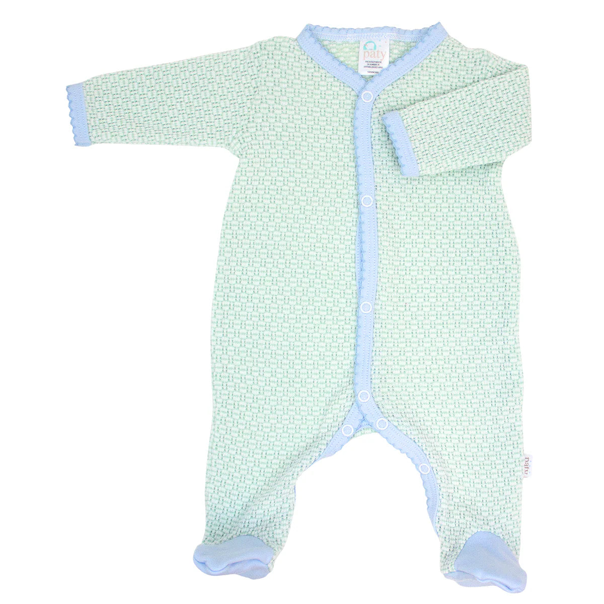 Paty Knit Solid Color Footie with Pima Trim - Mint with Blue Trim