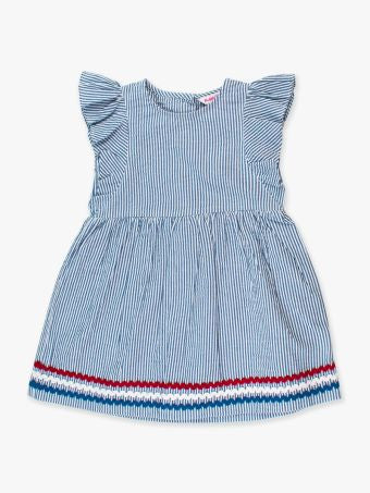 Classic Blue Seersucker Woven Butterfly Sleeve Bow Skirted Romper