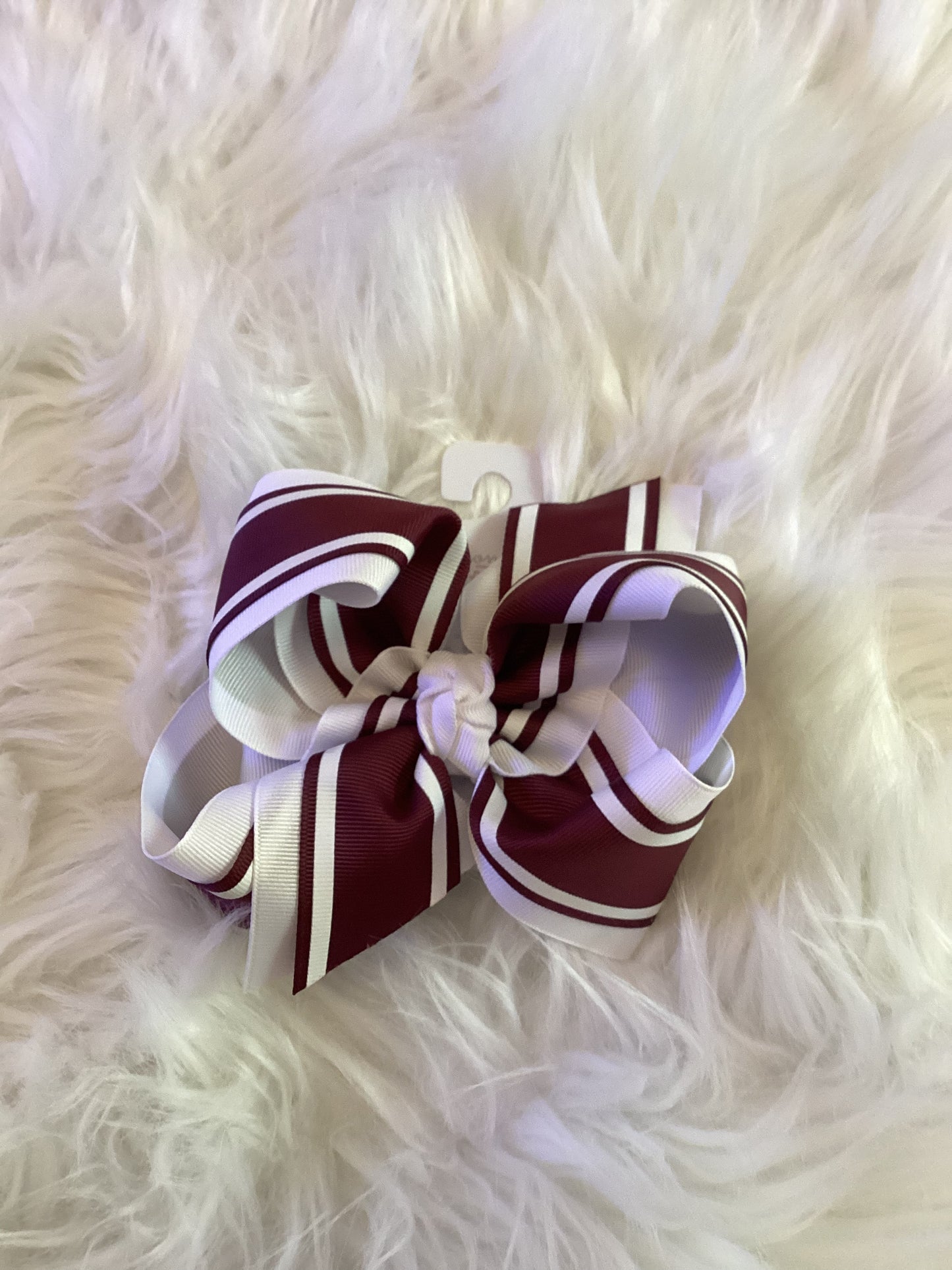 Beyond Creations White/Burgundy Striped Bow