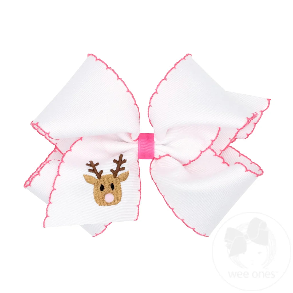 Wee Ones King Moonstitch Pink Reindeer Embroidery Hair Bow