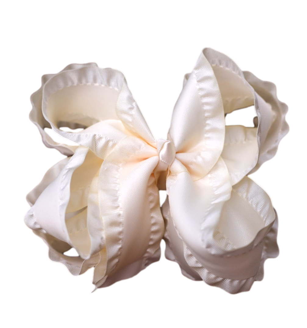 Cream Double Ruffle Hair Bow : Alligator Clip / 6 inch