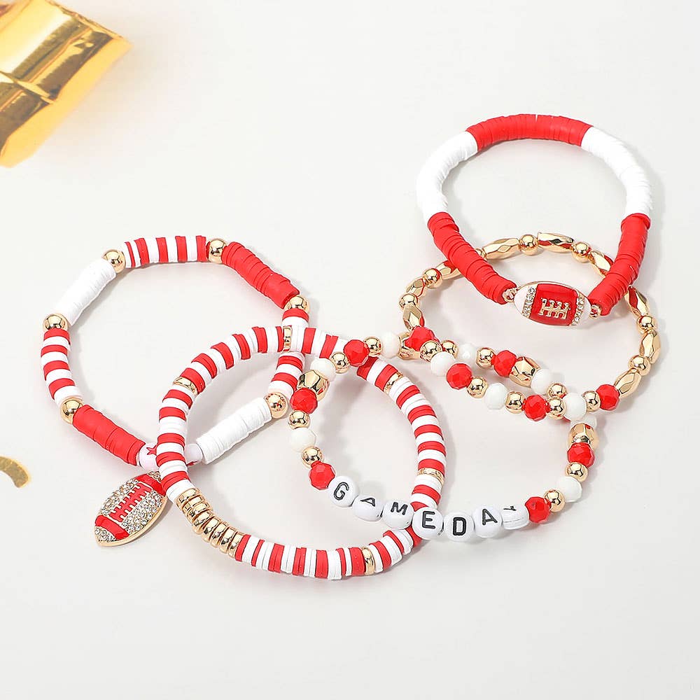 5PCS - GAME DAY Football Charm Heishi Faceted Beaded Stretch Multi Layered Bracelets: Blue,Gold,White
