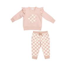 Angel dear- ruffle patch pink checkerboard jogger set