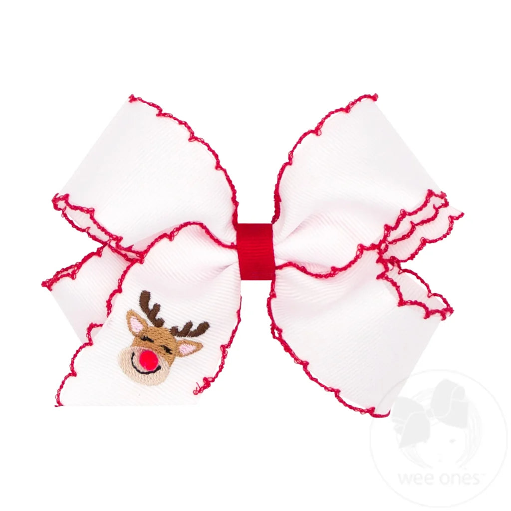 Wee Ones Medium Moonstitch Red Reindeer Embroidered Hair Bow
