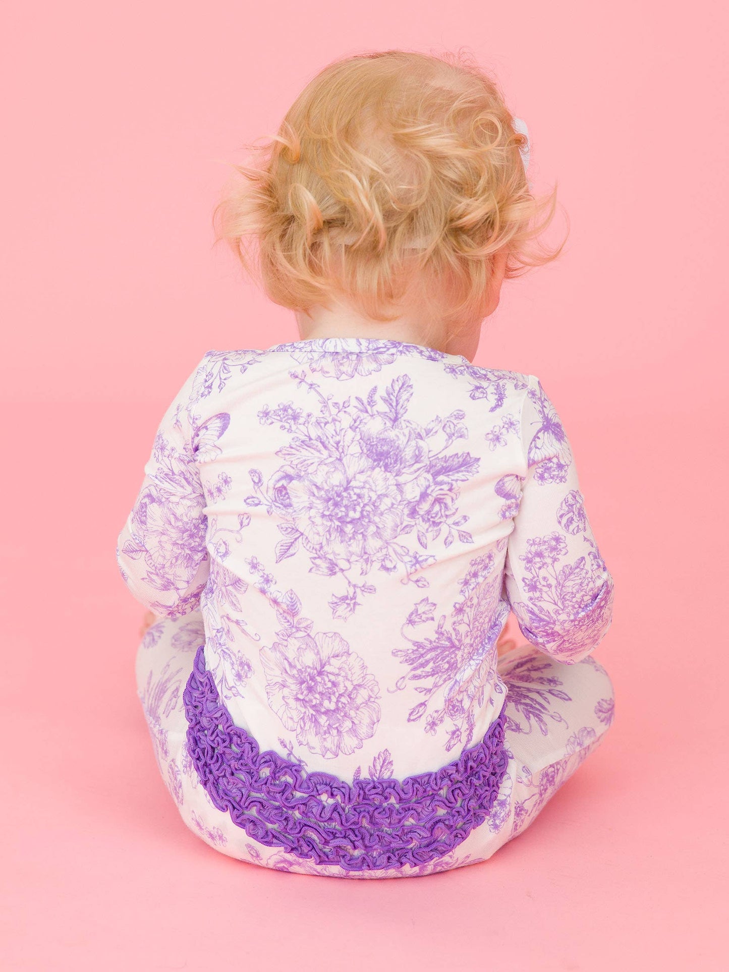 SoftSnooze™ Baby Girls Bamboo Viscose Wisteria Purple Butterfly Garden Toile Convertible Ruffle One Piece Footie Pajama: Purple / 0-3m