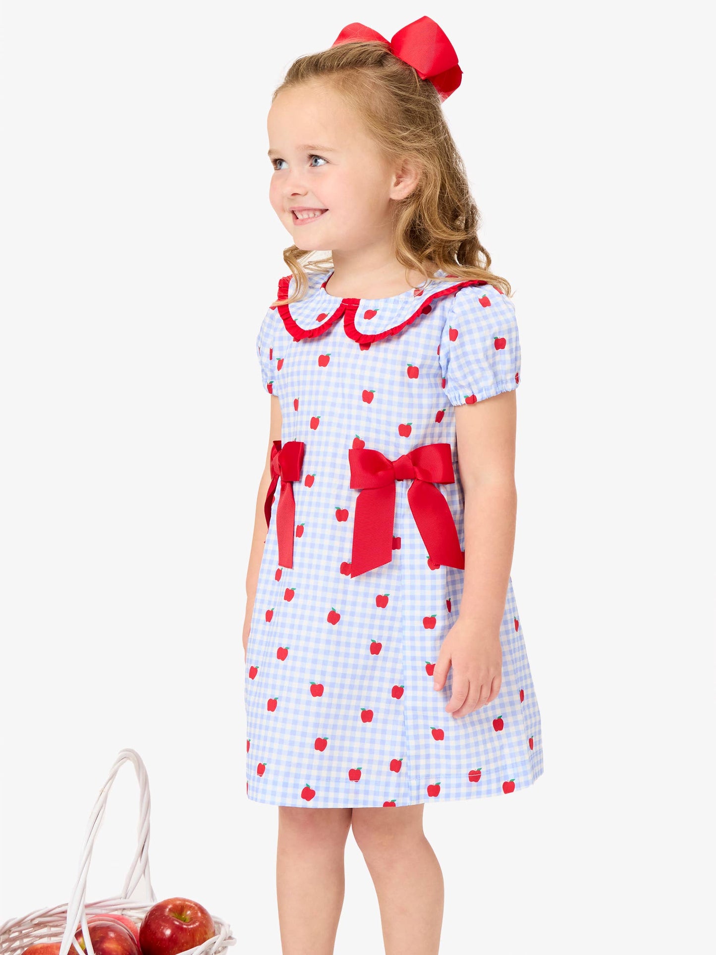 Girls Apple Orchard Gingham Woven Peter Pan Ruffle Bow Short Sleeve Dress: Blue