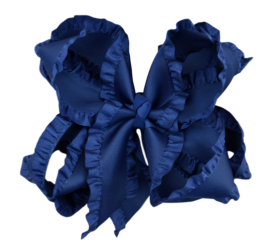 Navy Double Ruffle Hair Bow: Nylon Headband / 5 inch