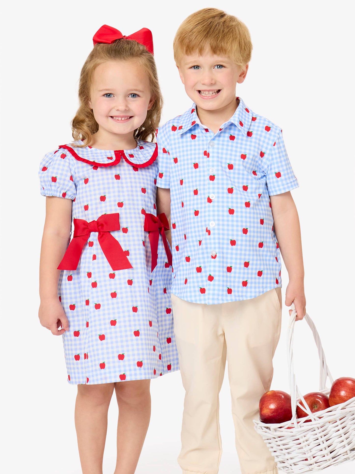 Girls Apple Orchard Gingham Woven Peter Pan Ruffle Bow Short Sleeve Dress: Blue