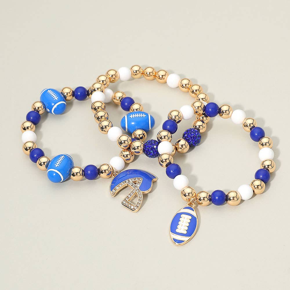 3PCS - Game Day Football Helmet Charm Beaded Stretch Multi Layered Bracelets: Burgundy,Gold,White