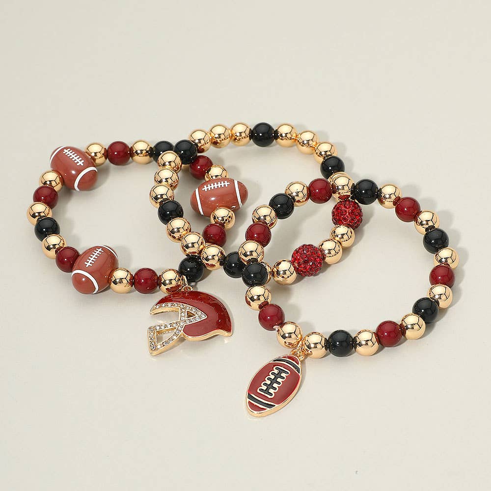 3PCS - Game Day Football Helmet Charm Beaded Stretch Multi Layered Bracelets: Burgundy,Gold,White