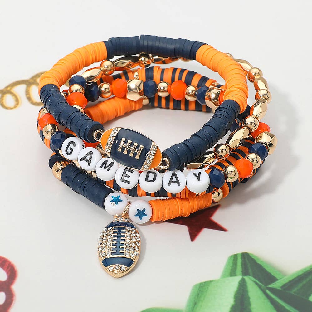 5PCS - GAME DAY Football Charm Heishi Faceted Beaded Stretch Multi Layered Bracelets: Blue,Gold,White