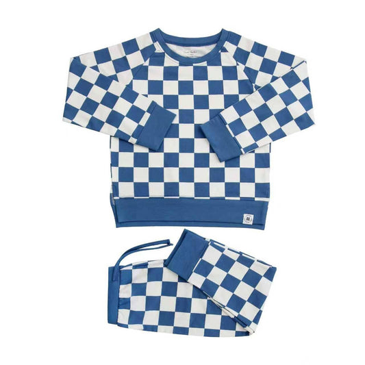 Sweet Bamboo Checker Moody Blue Crew Neck Jogger Set