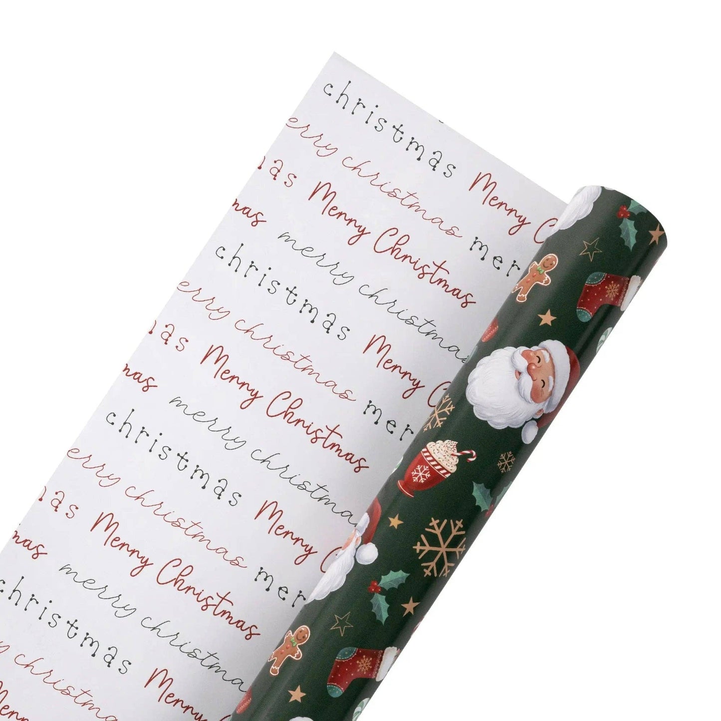 30" x 10' Holiday Reversible Wrapping Paper | Santa w/ Treats and Merry Christmas Script