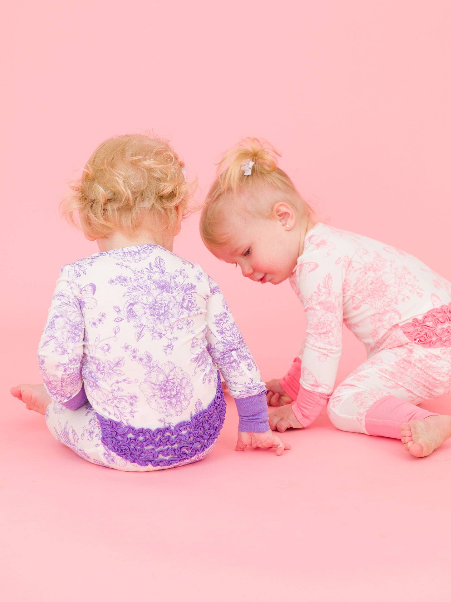 SoftSnooze™ Baby Girls Bamboo Viscose Wisteria Purple Butterfly Garden Toile Convertible Ruffle One Piece Footie Pajama: Purple / 0-3m