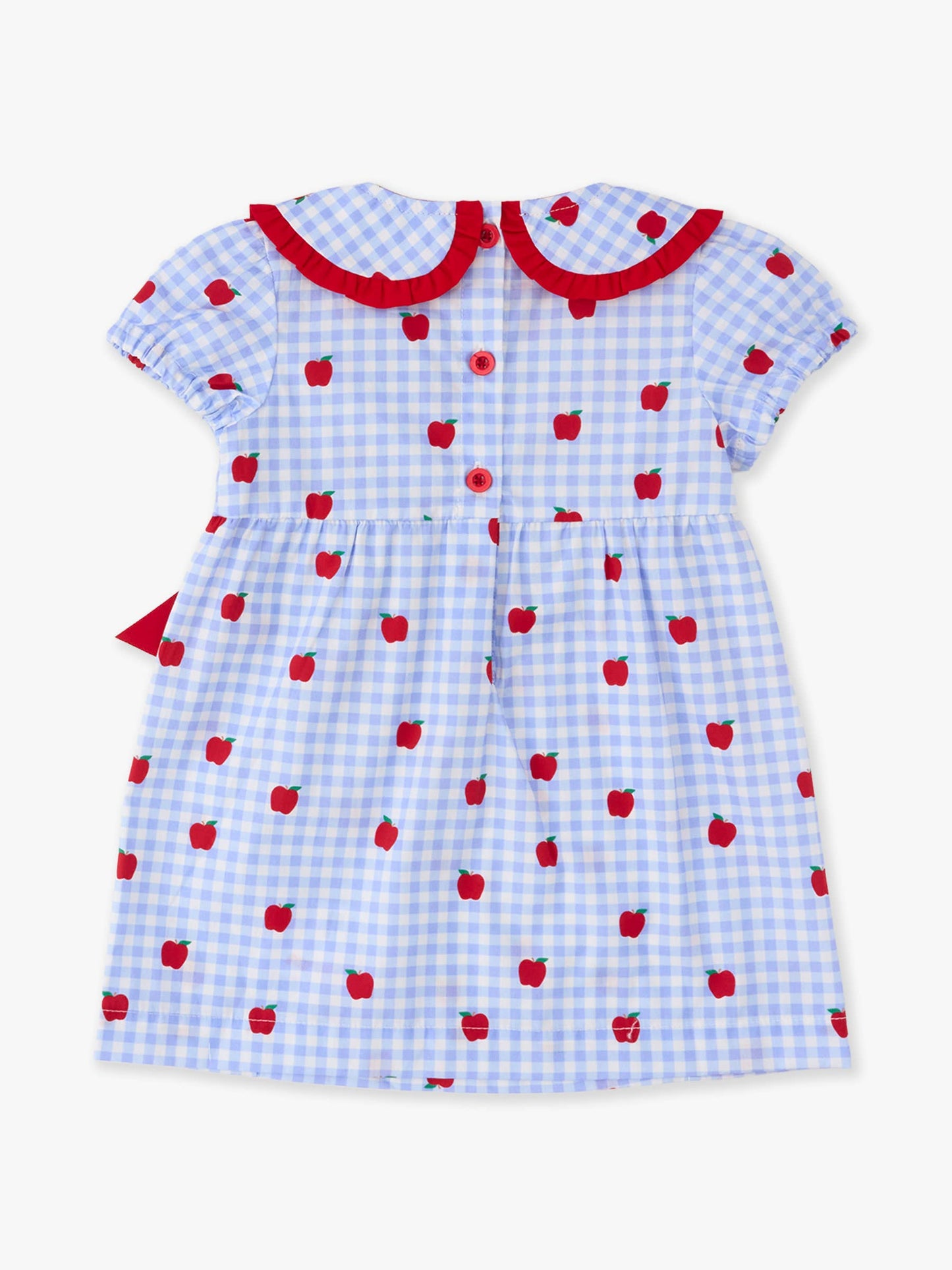 Girls Apple Orchard Gingham Woven Peter Pan Ruffle Bow Short Sleeve Dress: Blue