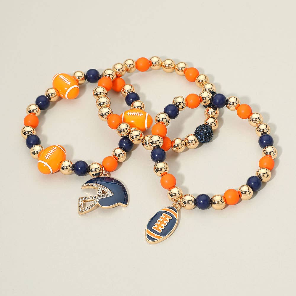 3PCS - Game Day Football Helmet Charm Beaded Stretch Multi Layered Bracelets: Burgundy,Gold,White