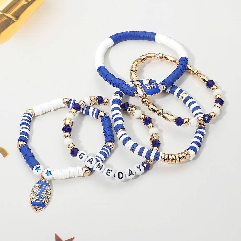5PCS - GAME DAY Football Charm Heishi Faceted Beaded Stretch Multi Layered Bracelets: Blue,Gold,White