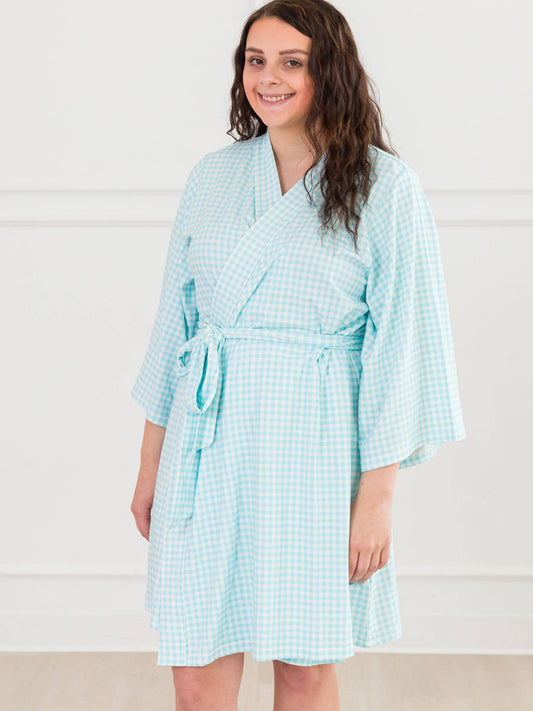 SoftSnooze™ Women's Cotton Modal Blue Breeze Gingham Mommy & Me Maternity Robe: Blue / One Size