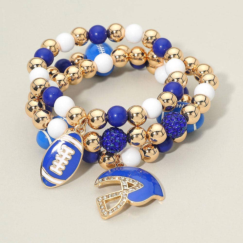 3PCS - Game Day Football Helmet Charm Beaded Stretch Multi Layered Bracelets: Burgundy,Gold,White