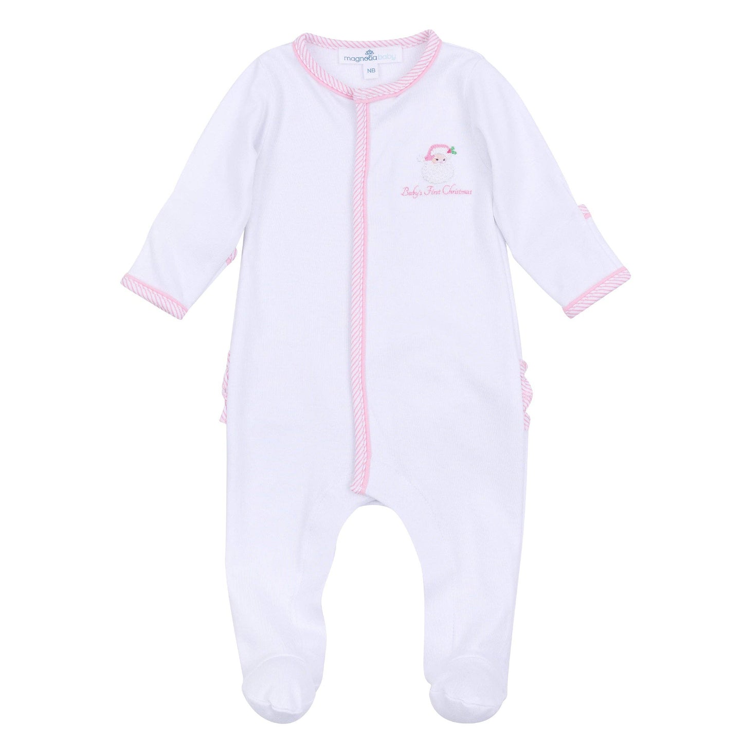 Magnolia Baby Santa Baby Embroidered Baby's First Christmas Ruffle Footie - Pink