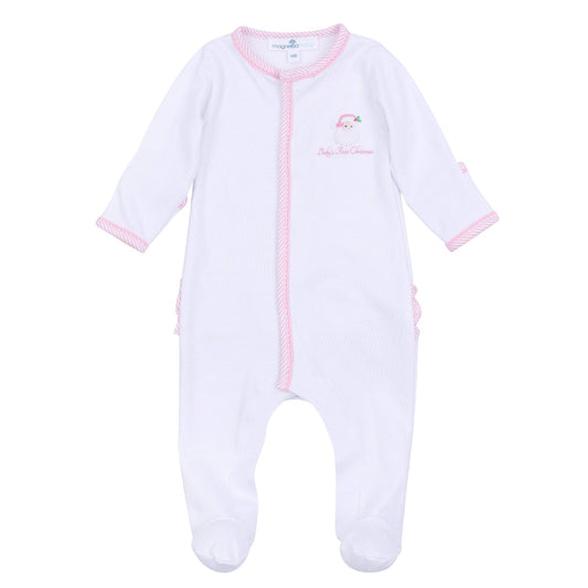 Magnolia Baby Santa Baby Embroidered Baby's First Christmas Ruffle Footie - Pink