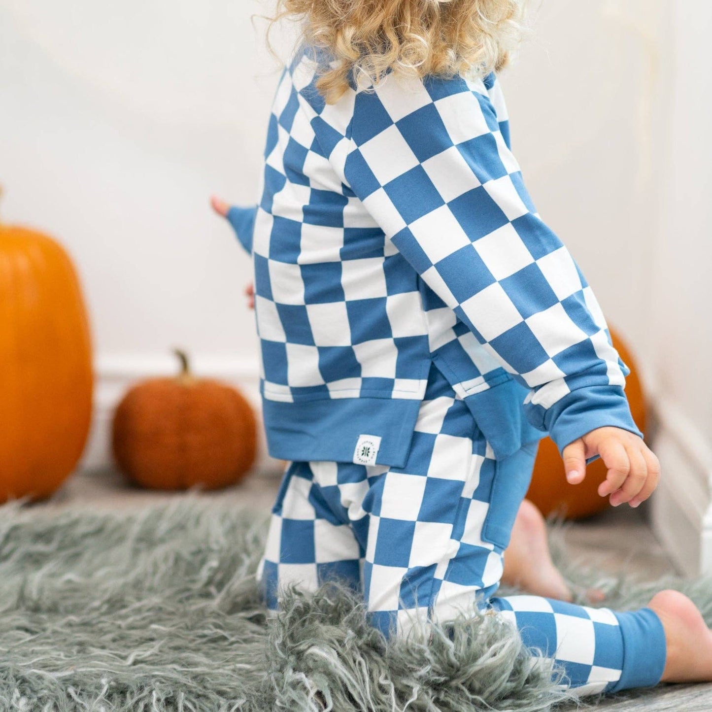 Sweet Bamboo Checker Moody Blue Crew Neck Jogger Set