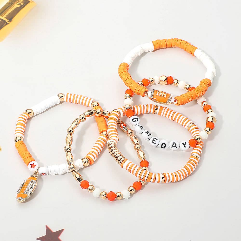 5PCS - GAME DAY Football Charm Heishi Faceted Beaded Stretch Multi Layered Bracelets: Blue,Gold,White
