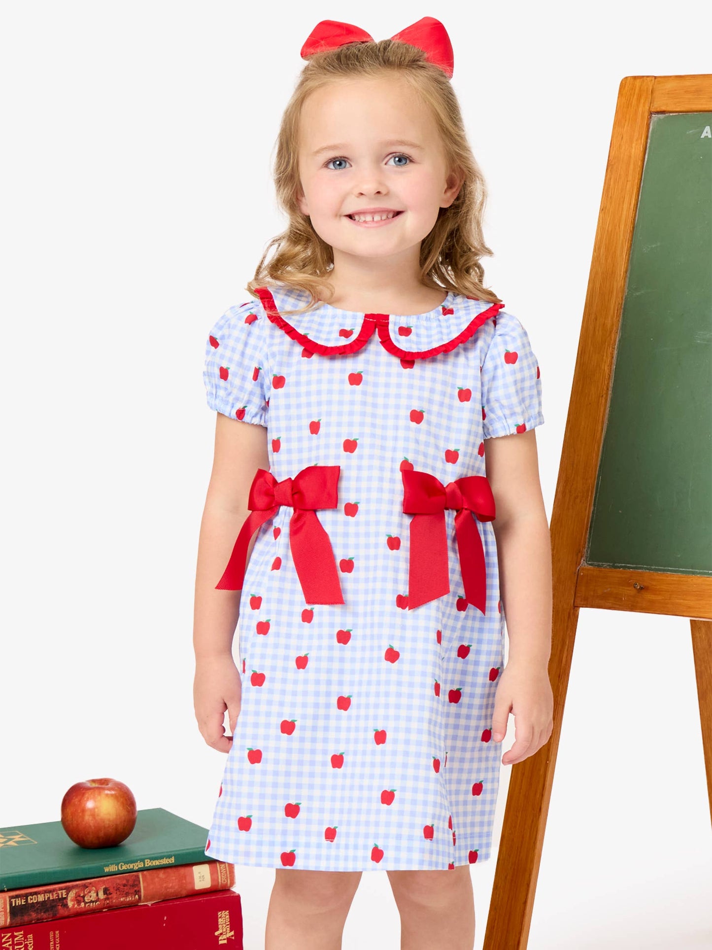 Girls Apple Orchard Gingham Woven Peter Pan Ruffle Bow Short Sleeve Dress: Blue