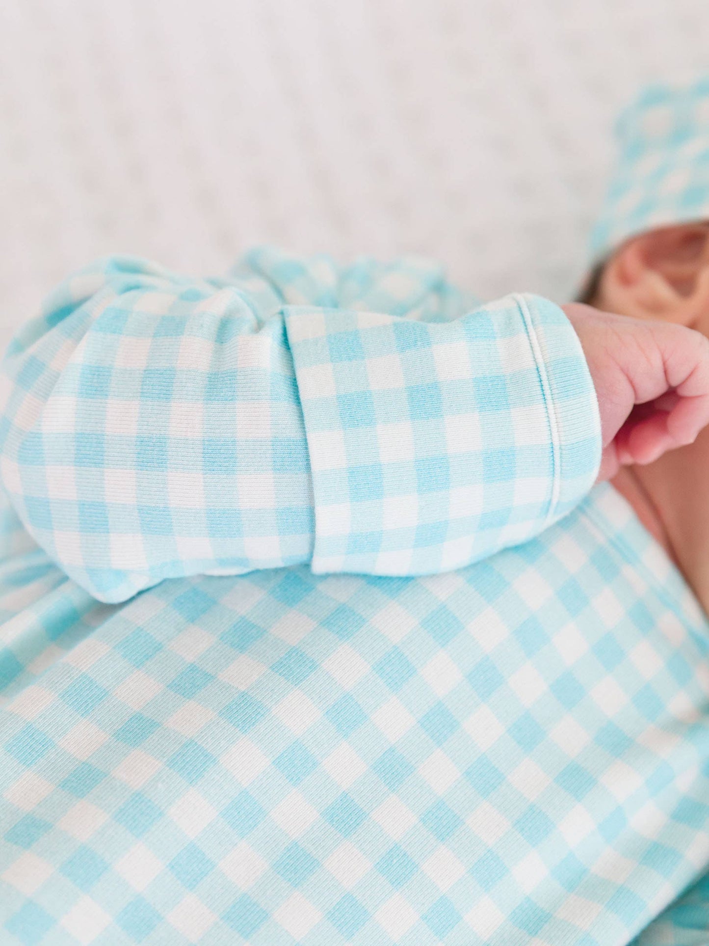 SoftSnooze™ Baby Cotton Modal Blue Breeze Gingham Knotted Sleep Gown & Hat Set: Blue / Newborn-3m