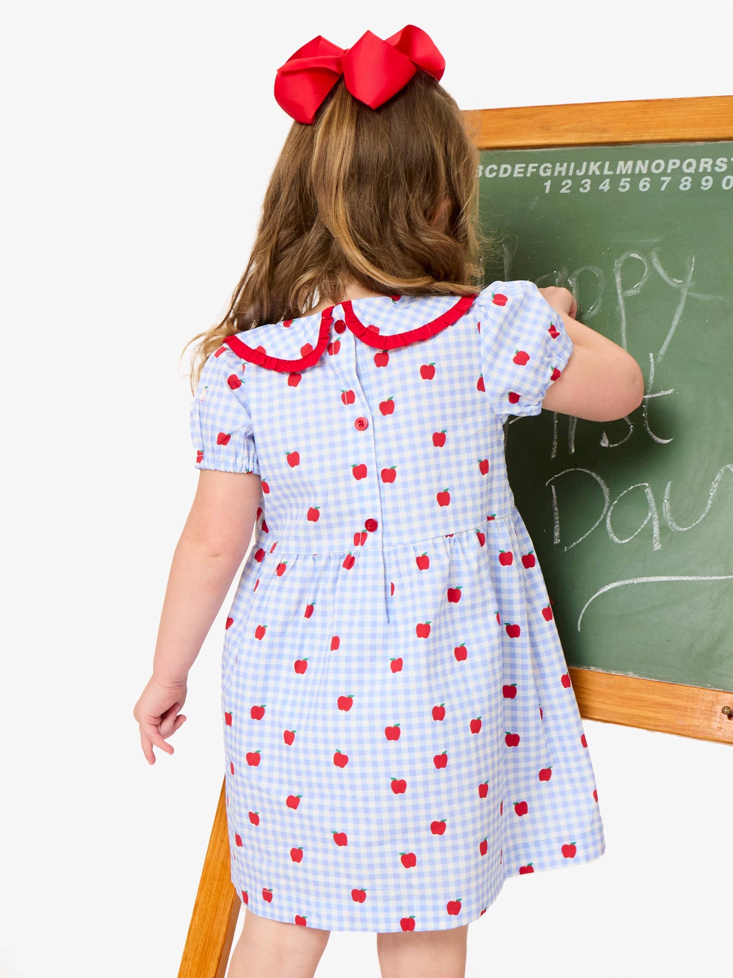 Girls Apple Orchard Gingham Woven Peter Pan Ruffle Bow Short Sleeve Dress: Blue