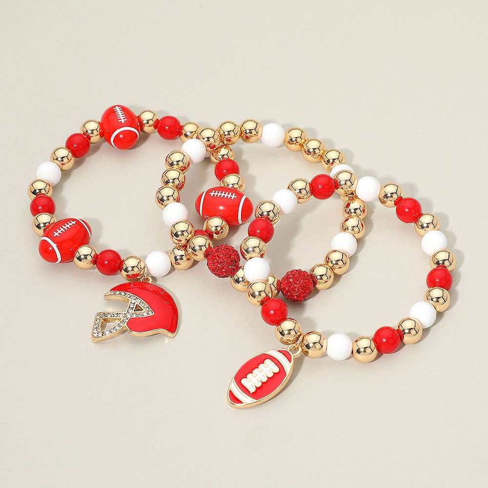 3PCS - Game Day Football Helmet Charm Beaded Stretch Multi Layered Bracelets: Burgundy,Gold,White