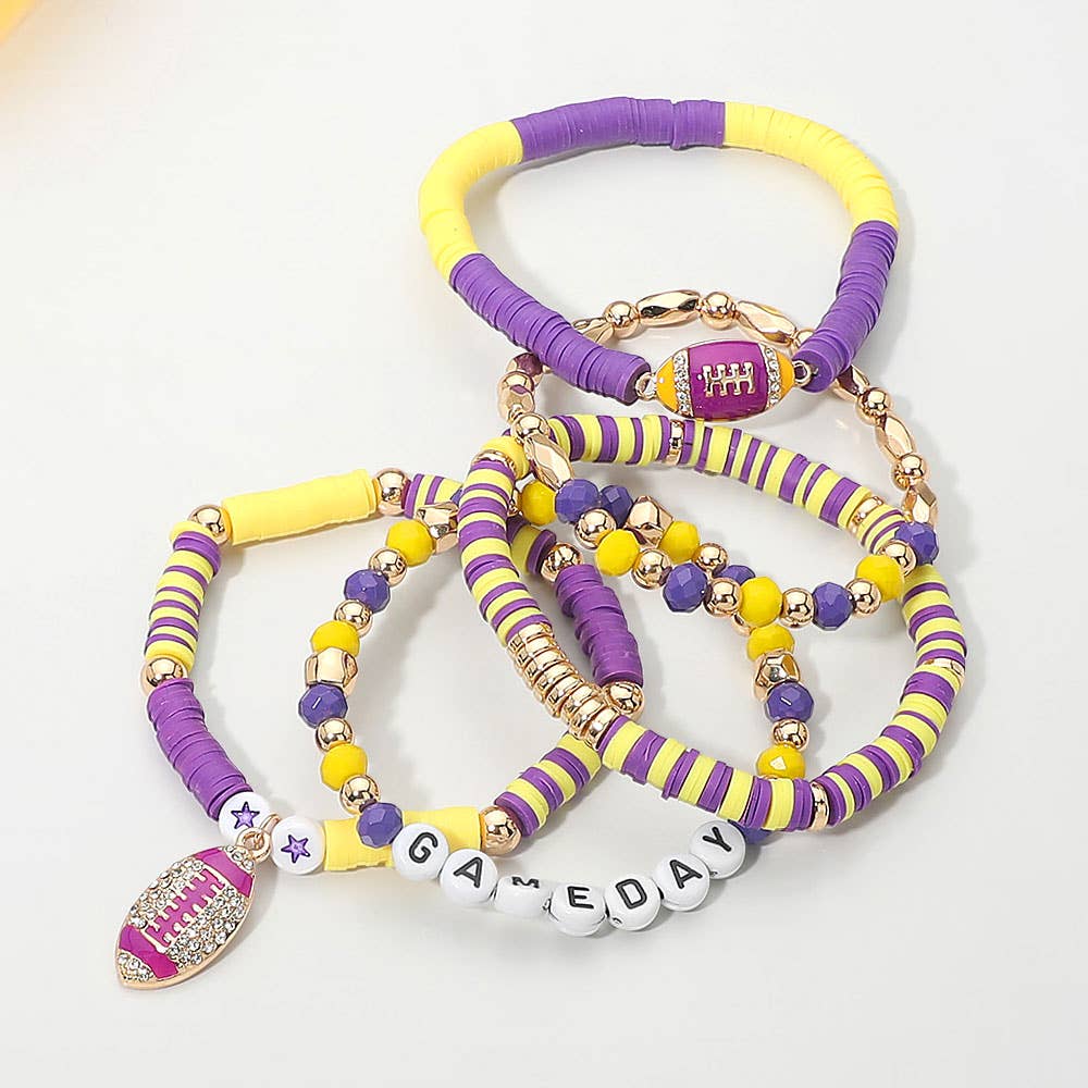 5PCS - GAME DAY Football Charm Heishi Faceted Beaded Stretch Multi Layered Bracelets: Blue,Gold,White