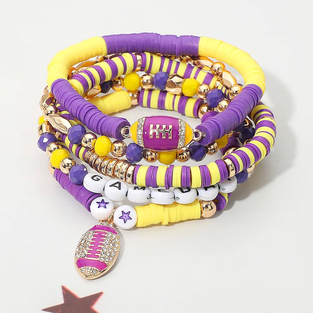 5PCS - GAME DAY Football Charm Heishi Faceted Beaded Stretch Multi Layered Bracelets: Blue,Gold,White