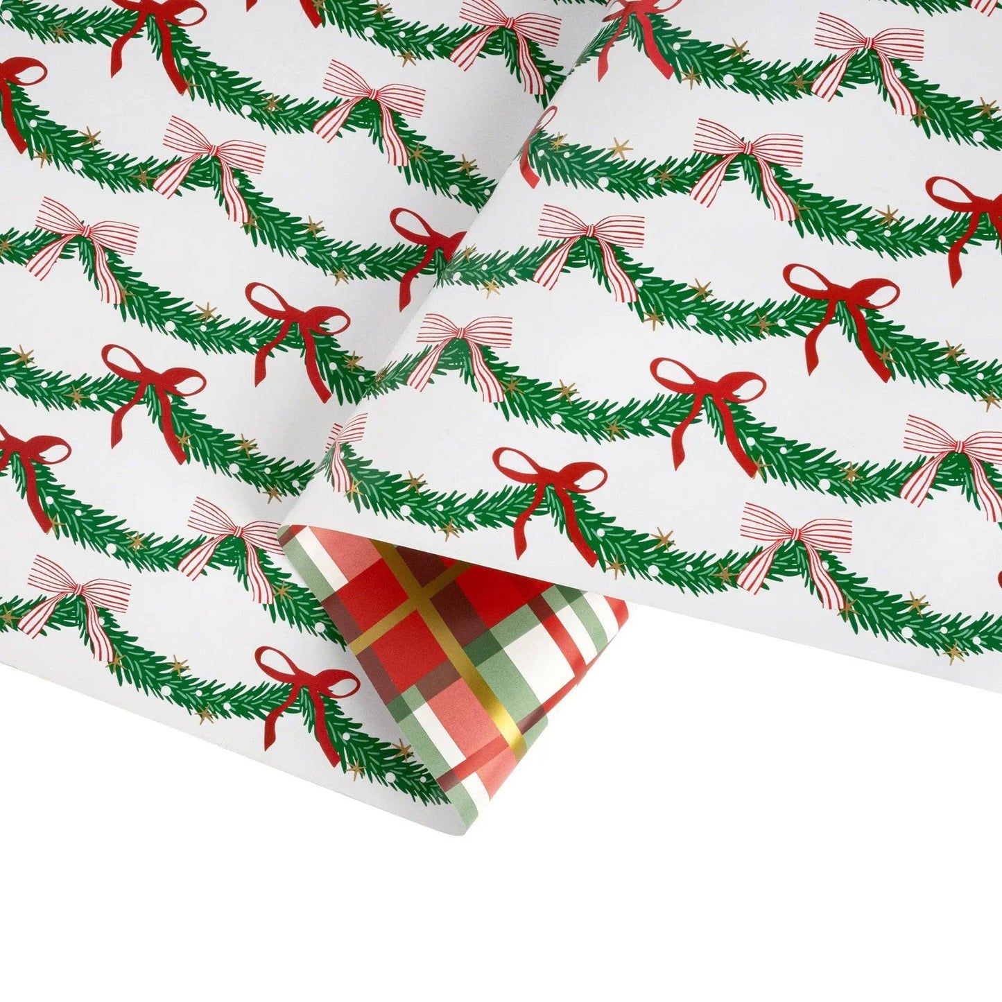 30" x 10' Holiday Reversible Metallic Wrapping Paper | Garland and Bows and Bold Holiday Plaid