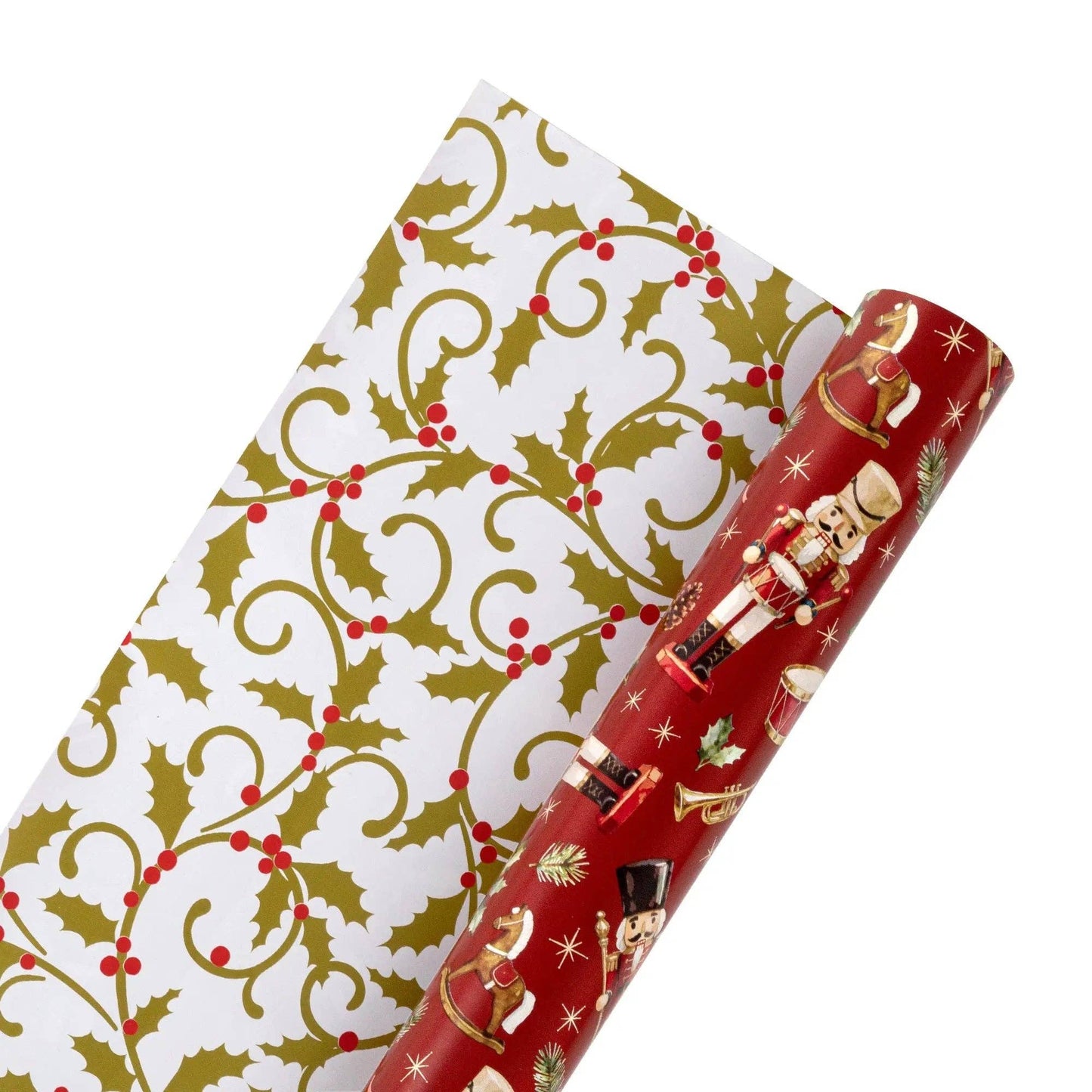 30" x 10' Holiday Reversible Metallic Wrapping Paper | Holly Nutcracker and Gold Holiday Scroll