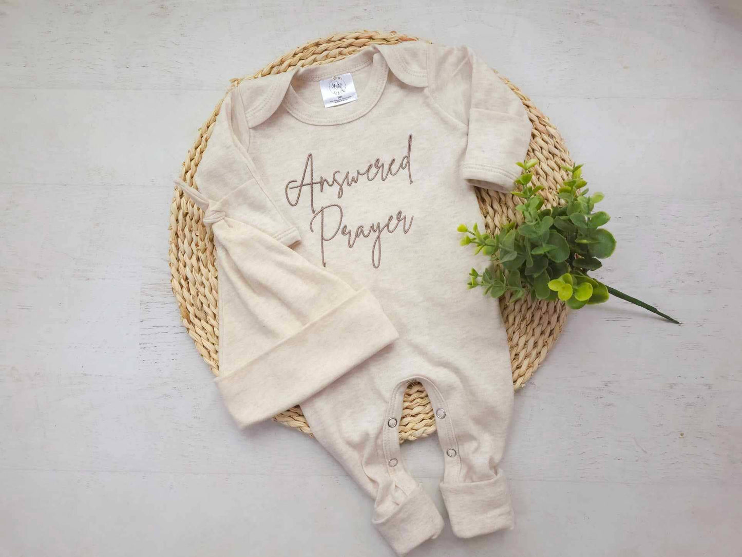 Baby Romper | Answered Prayers Oatmeal Romper and Knotted Hat