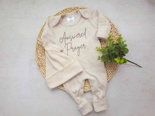 Baby Romper | Answered Prayers Oatmeal Romper and Knotted Hat