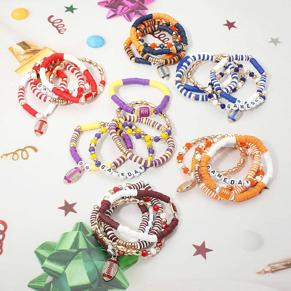 5PCS - GAME DAY Football Charm Heishi Faceted Beaded Stretch Multi Layered Bracelets: Blue,Gold,White