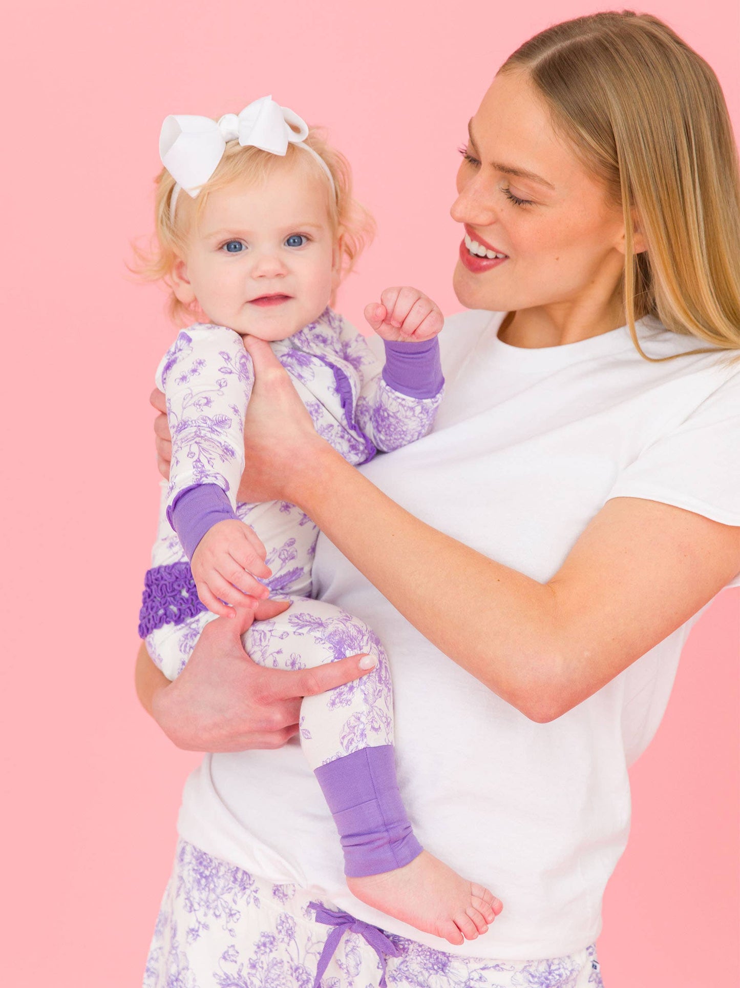 SoftSnooze™ Baby Girls Bamboo Viscose Wisteria Purple Butterfly Garden Toile Convertible Ruffle One Piece Footie Pajama: Purple / 0-3m
