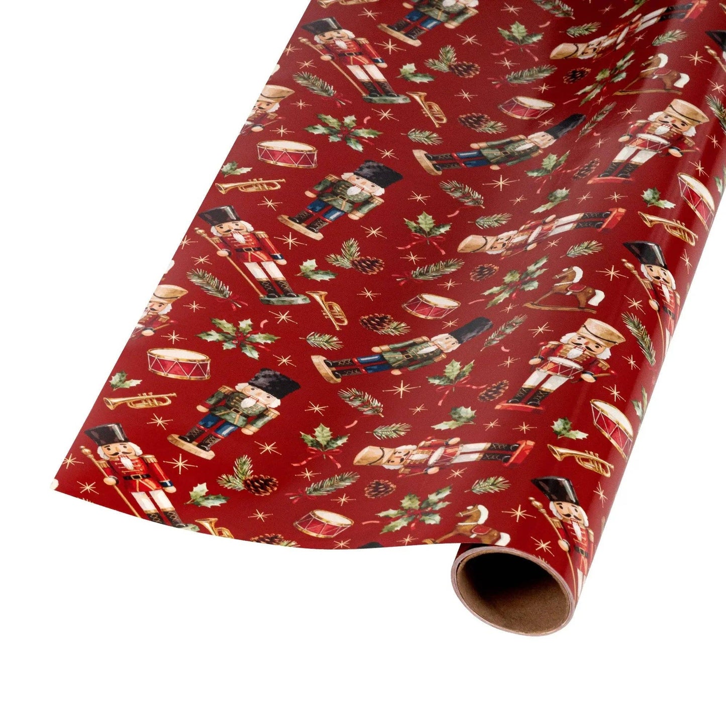 30" x 10' Holiday Reversible Metallic Wrapping Paper | Holly Nutcracker and Gold Holiday Scroll