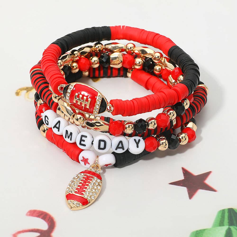 5PCS - GAME DAY Football Charm Heishi Faceted Beaded Stretch Multi Layered Bracelets: Blue,Gold,White