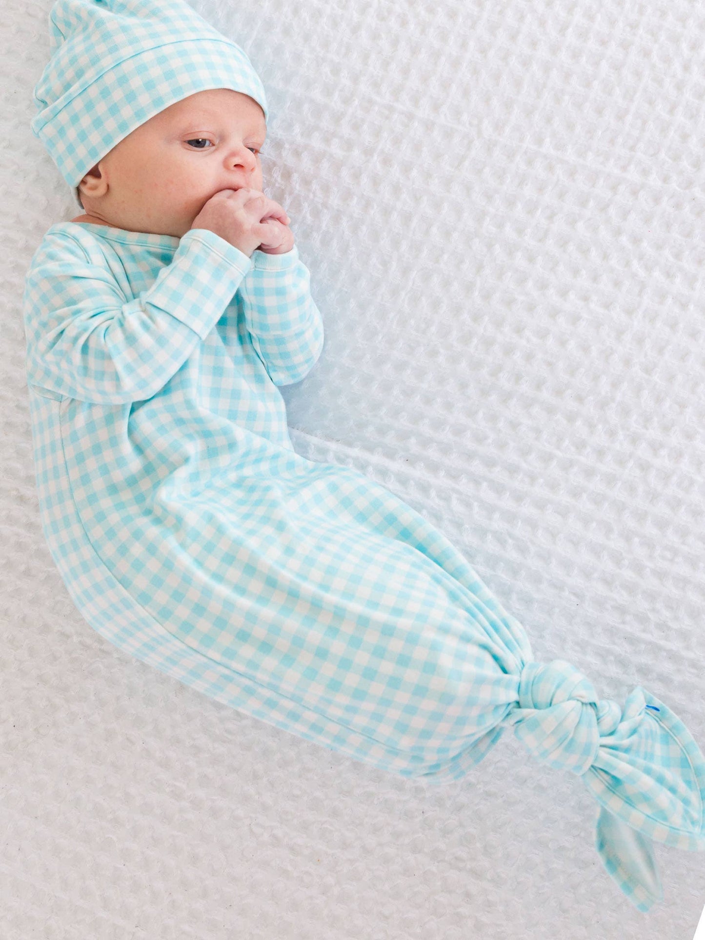 SoftSnooze™ Baby Cotton Modal Blue Breeze Gingham Knotted Sleep Gown & Hat Set: Blue / Newborn-3m