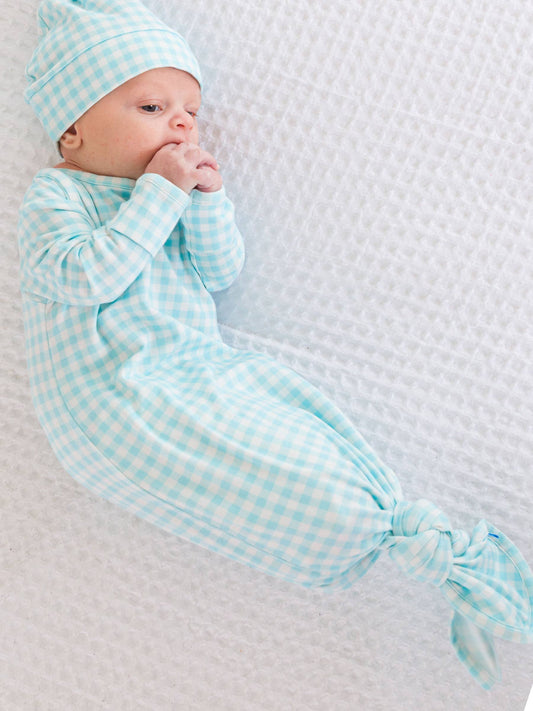 SoftSnooze™ Baby Cotton Modal Blue Breeze Gingham Knotted Sleep Gown & Hat Set: Blue / Newborn-3m