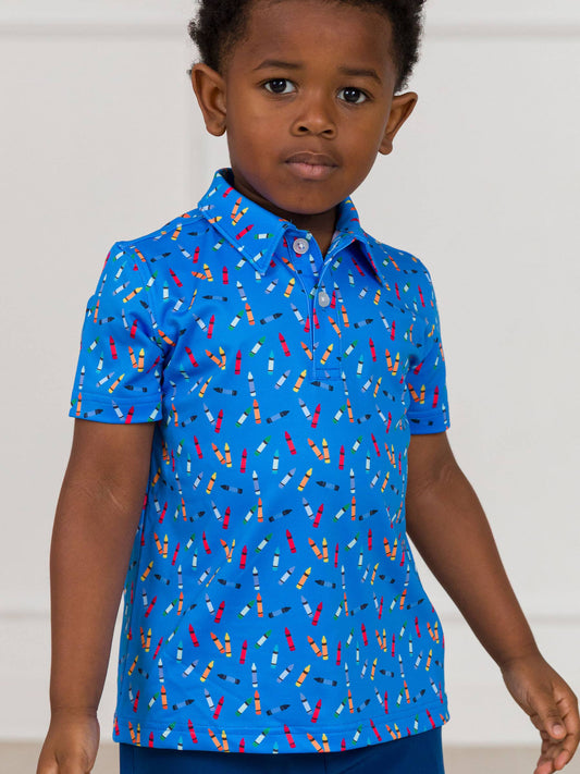 Boys Tiny Crayons Knit Short Sleeve Performance Polo: Blue