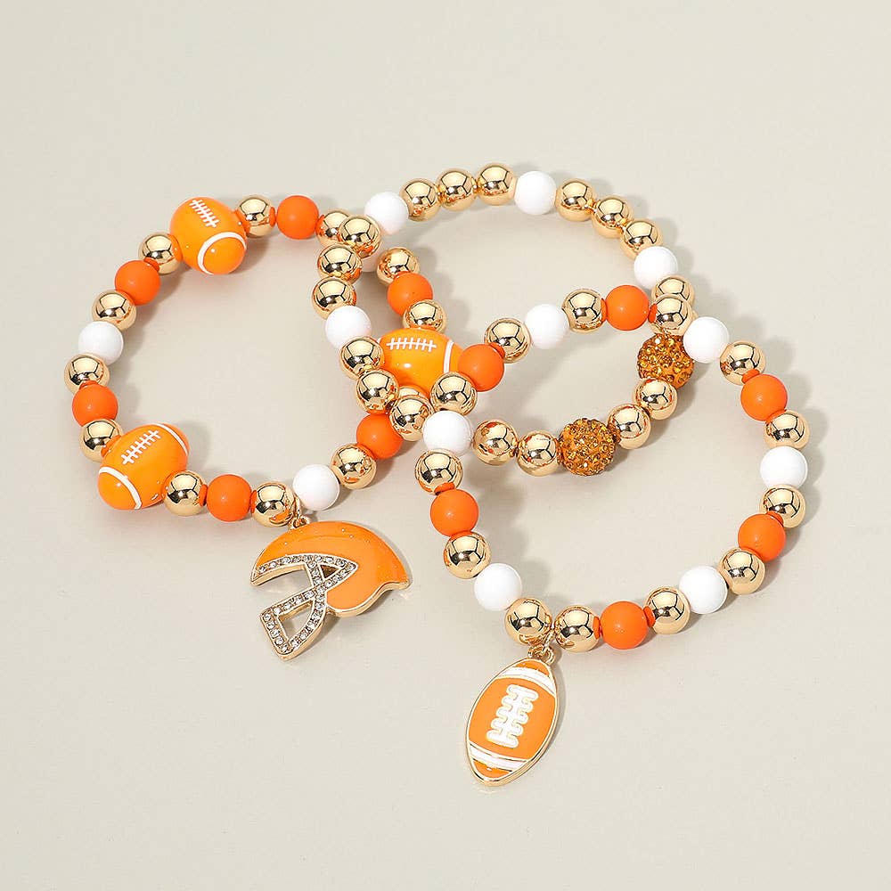 3PCS - Game Day Football Helmet Charm Beaded Stretch Multi Layered Bracelets: Burgundy,Gold,White
