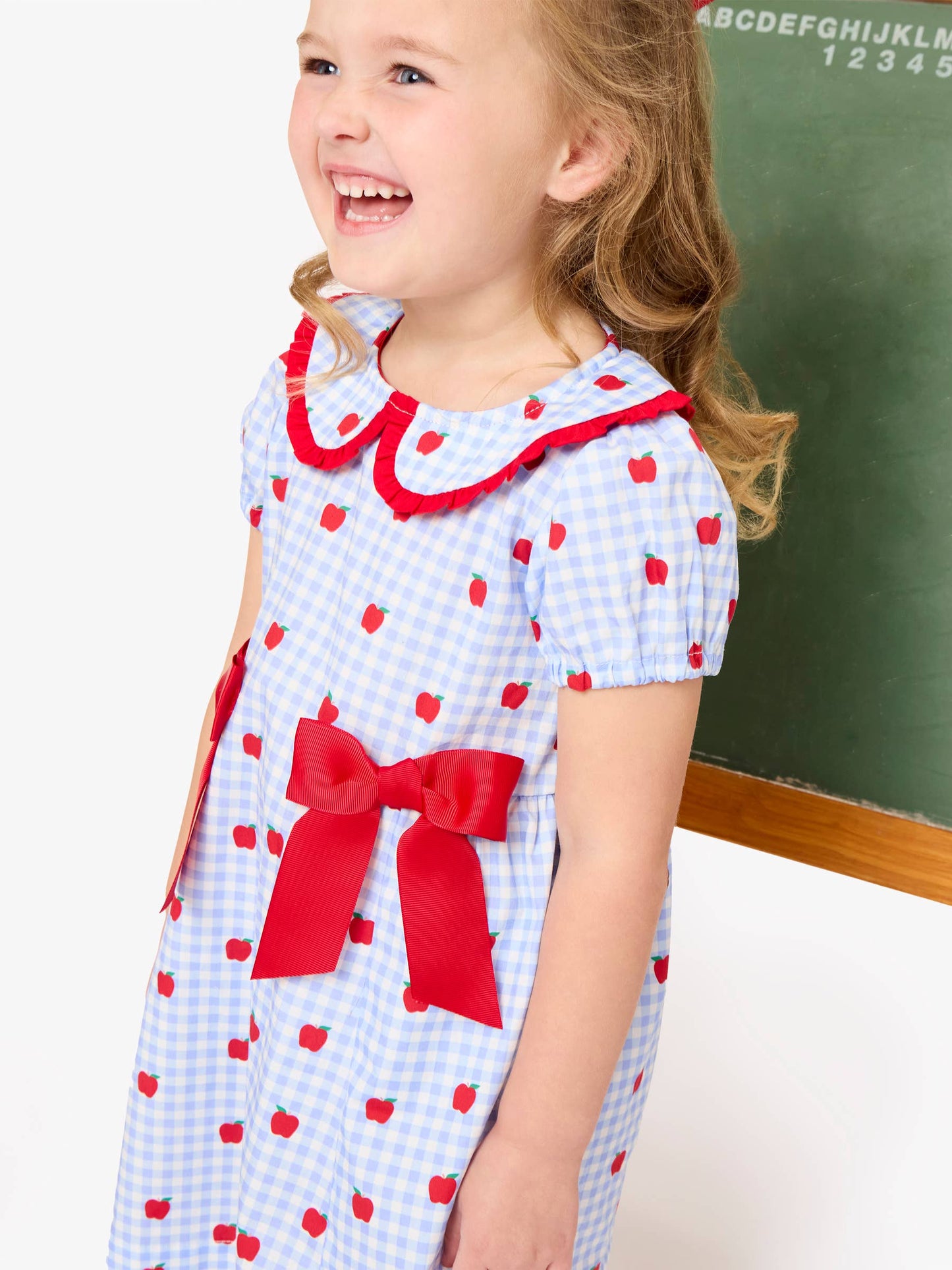 Girls Apple Orchard Gingham Woven Peter Pan Ruffle Bow Short Sleeve Dress: Blue