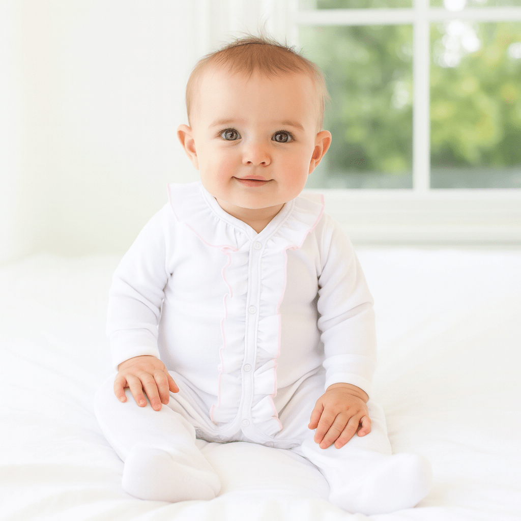 Magnolia Baby White Ruffle Footie with Pink Trim