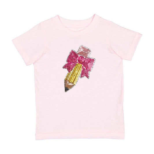 Pencil Bow Sequin Patch Short Sleeve T-Shirt - Girls Clothes: 7/8Y
