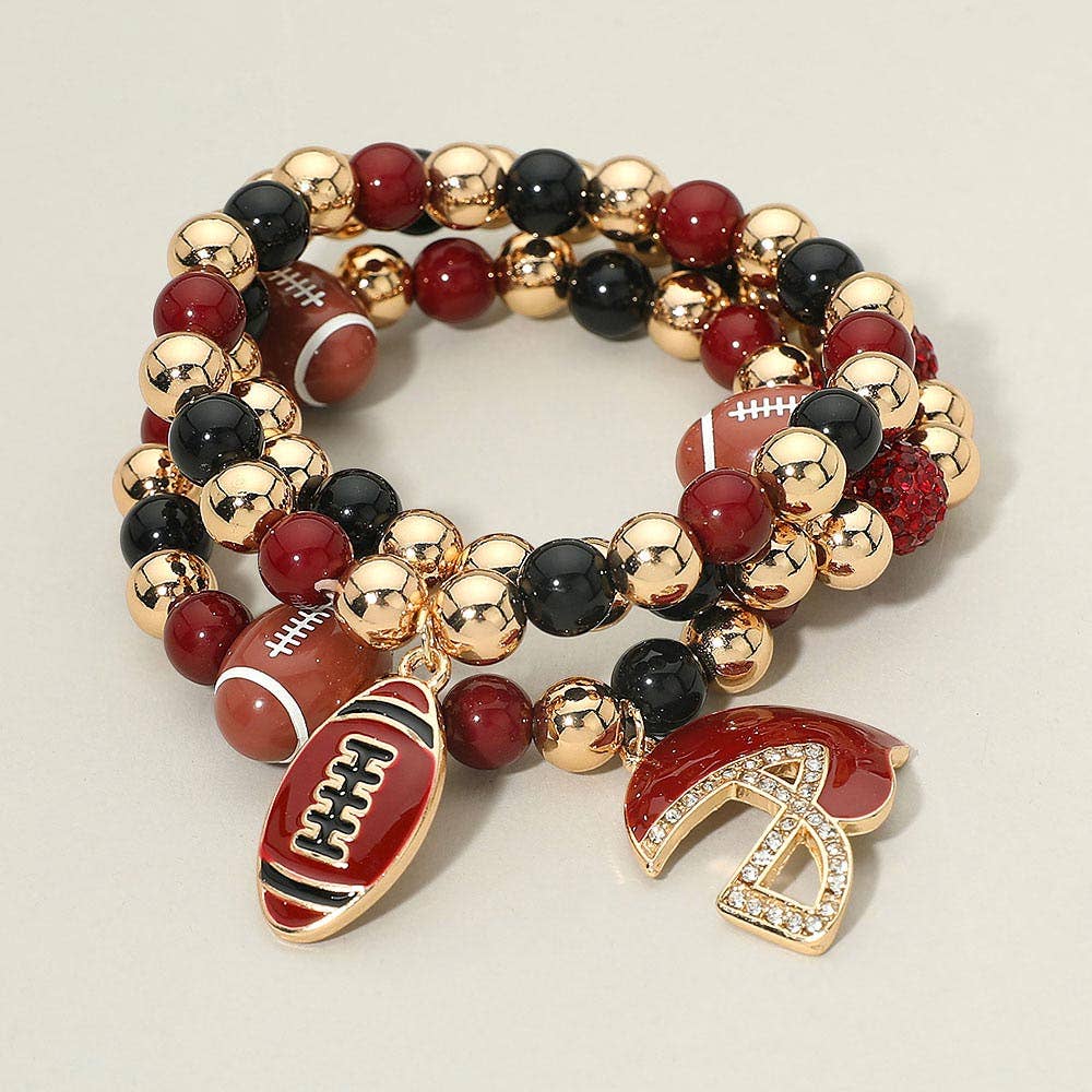 3PCS - Game Day Football Helmet Charm Beaded Stretch Multi Layered Bracelets: Burgundy,Gold,White