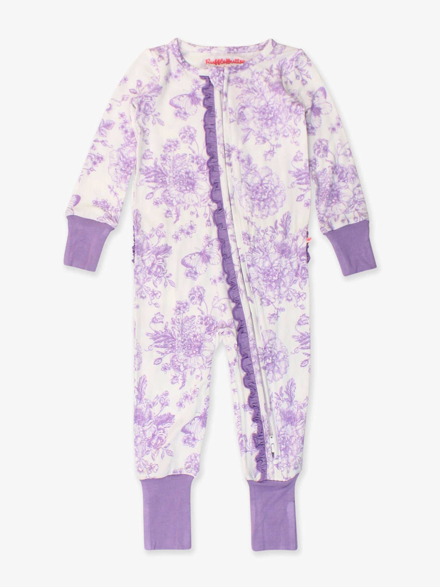 SoftSnooze™ Baby Girls Bamboo Viscose Wisteria Purple Butterfly Garden Toile Convertible Ruffle One Piece Footie Pajama: Purple / 0-3m